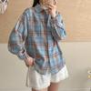 Retro Plaid Shirt Plain Tops Spring Autumn Lapel Long Sleeve Shirts Women Chic Loose Blouse Asian Size
