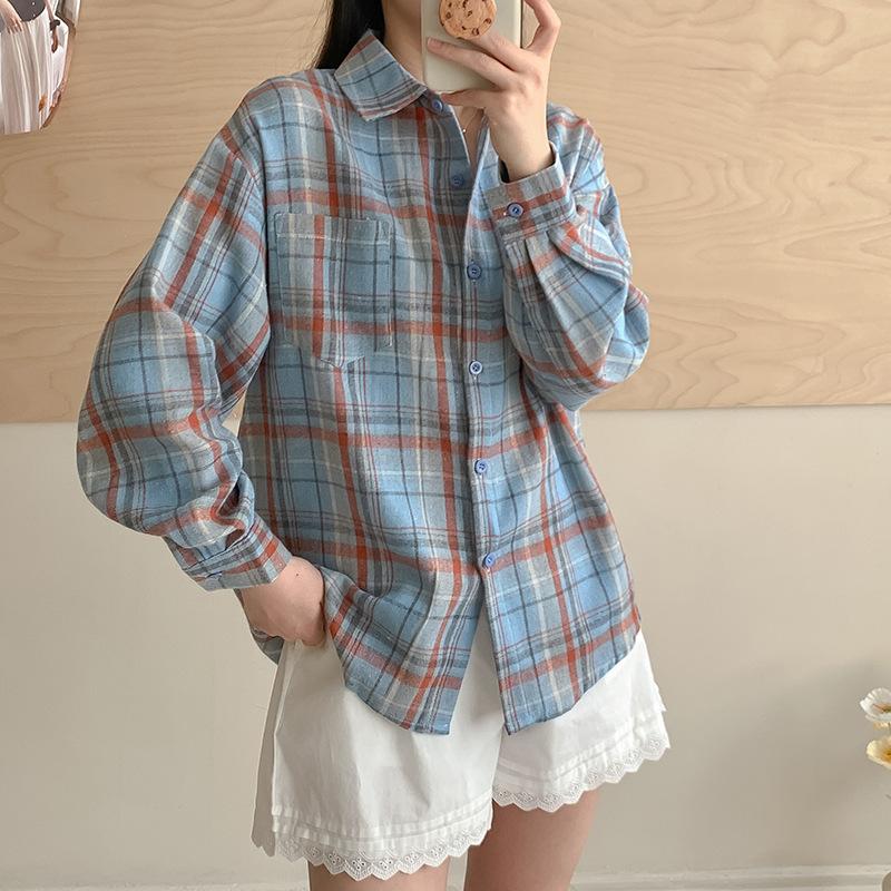Retro Plaid Shirt Plain Tops Spring Autumn Lapel Long Sleeve Shirts Women Chic Loose Blouse Asian Size