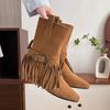 Fashion Vintage Tassels Decor Riding Boots Women 2025 Slip On Buckle Low Heels Mid Calf Boots Woman Pointed Toe Western Stray Botas
