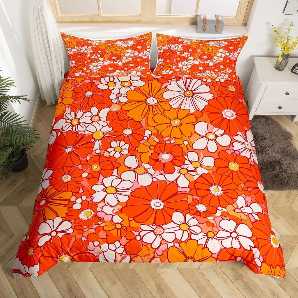 Erosebridal 60S 70S Hippie Duvet Cover Twin Vintage Boho Sun Bedding Set Groovy Flowers Clouds Love Hearts Comforter Cover for Kids Girls Te
