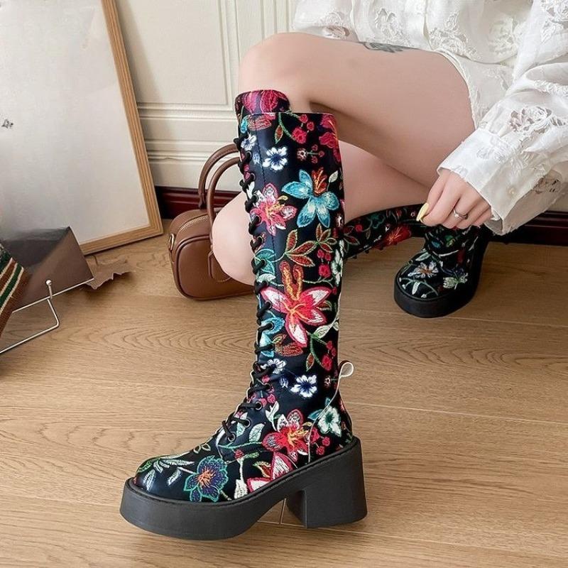 Móda Vysoké kozačky Šněrování vpředu Kulatá špička Dámské Podzim Zima Nové Blokový podpatek Římské Dámské Vysoké kozačky