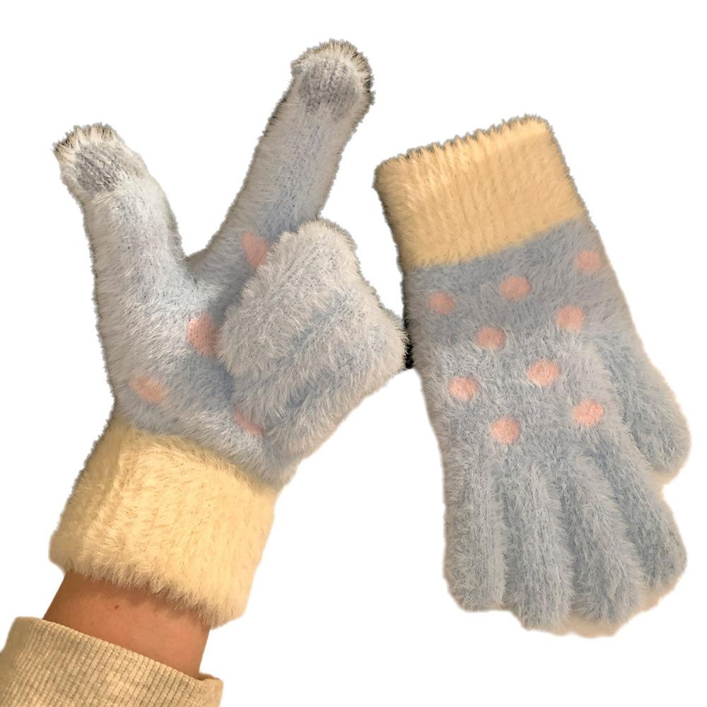 Polka Dot Five-Finger Gloves Touchscreen Warm Gloves Sweet Knitted Gloves Riding