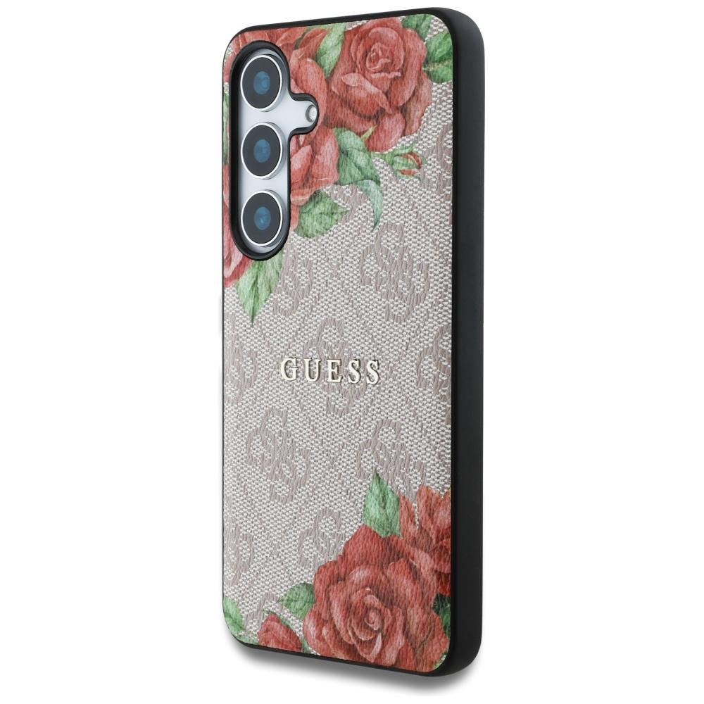 Etui Guess Leather 4G Flowers Print      Metal Classic Logo Magsafe Samsung Galaxy S25 Różowy