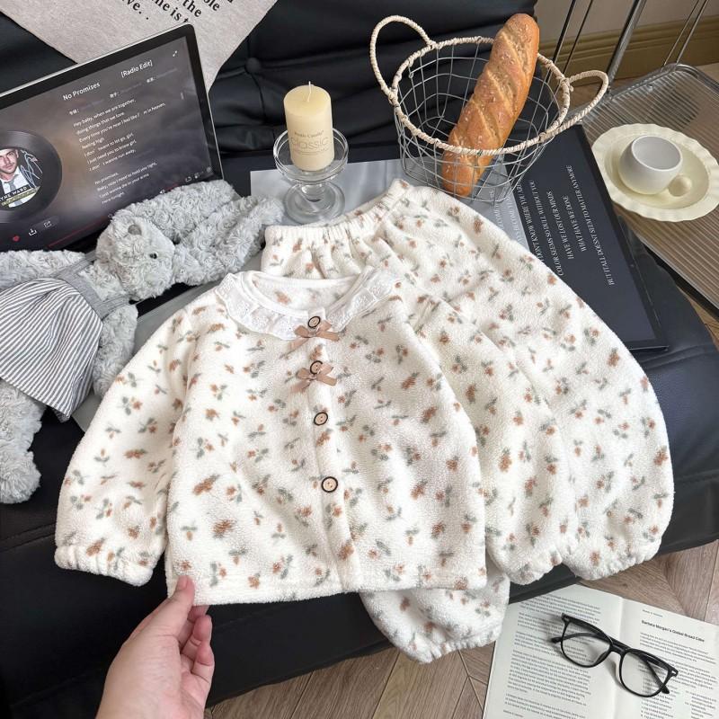 Kids Winter Warm Fleece Pajama Set Long Sleeve Top Pants Soft Thick Sleepwear Boys Girls 3-8 Years