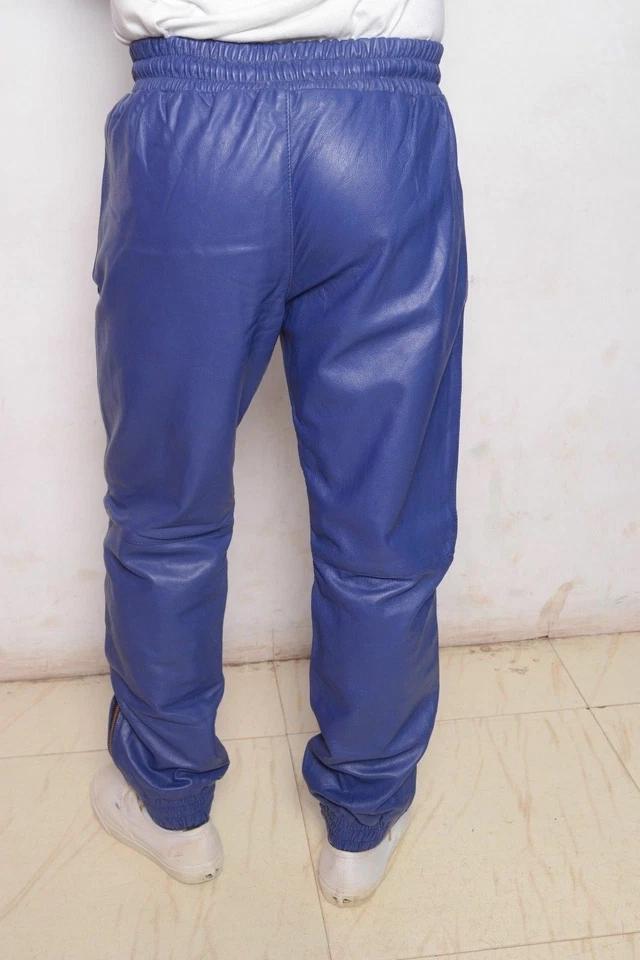Stylish Trousers Biker Casual Jogger Blue Men's Genuine Lambskin Pant Handmade Leather
