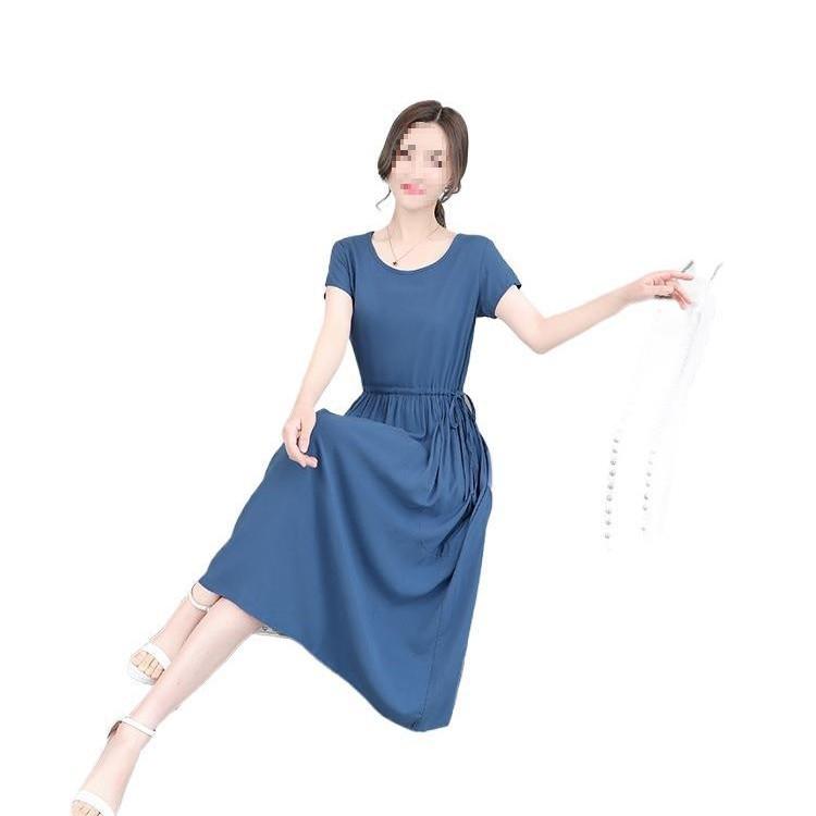Solid color lace-up A-shaped dress waist summer new fashion chic temperament medium and long skirt women's pocket