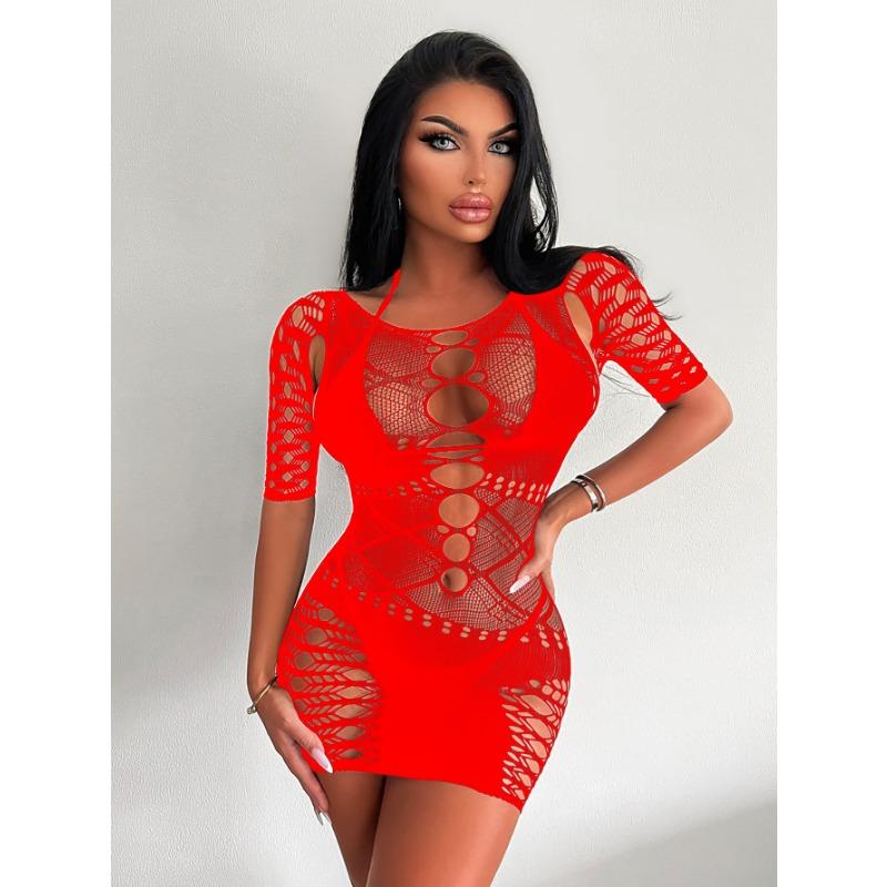 Sex Clothes Jacquard One-piece Long-sleeved Hip Skirt Net Coat Hollow Stockings