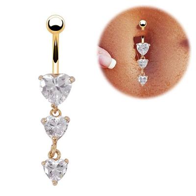Body Piercing Gold Navel Rings 3 Heart Crystal Clear Dangle Belly Button Rings