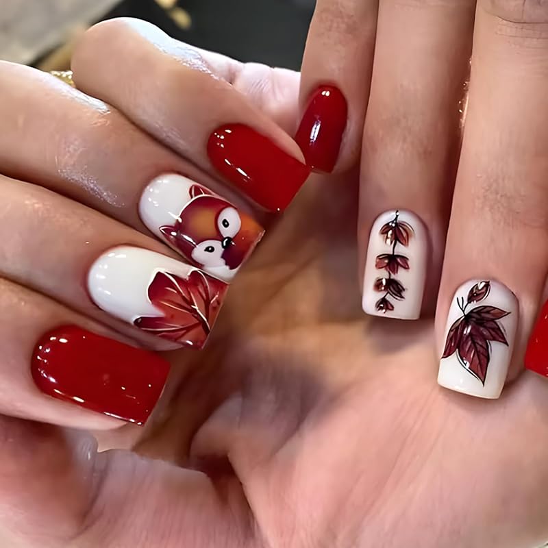 Fall Leaf Press on Nails Thanksgiving Pumpkin False Nails with Design Medium Square Artificial Stick on Nail Glossy Autumn Maple Leaves Acrylic Glue