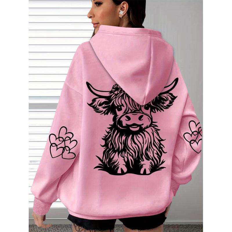 Damen Gemütlicher Hochlandrind & Pfotenabdruck Übergroßer Hoodie