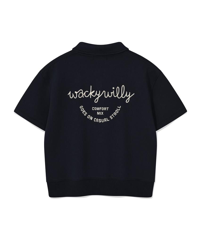 WACKY WILLY Women'S Typo Logo Half-Zip Short Sleeve Dark Navy