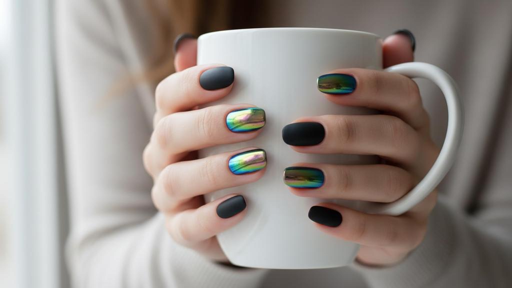 KRIPAs Nail Fairy Premium Press-on Nails, matte black and mesmerising iridescent green chrome finish, Coffin Shape, Glossy and Matte Finish, 24 Co