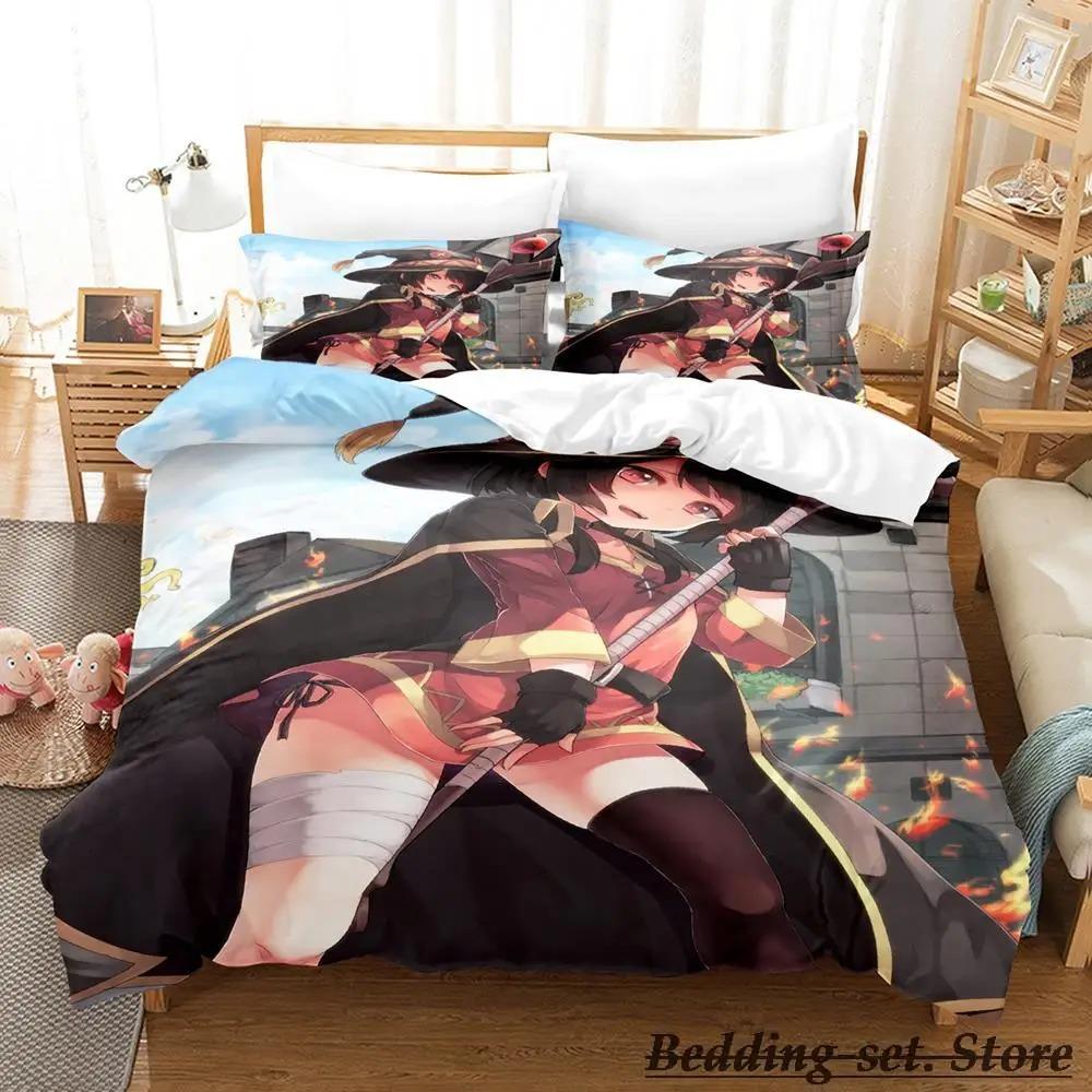KonoSuba Bedding Set Cartoon Anime Three-piece Set Adult Kid Bedroom Duvetcover Sets 3D Kawaii Girls Lit 2 Personnes