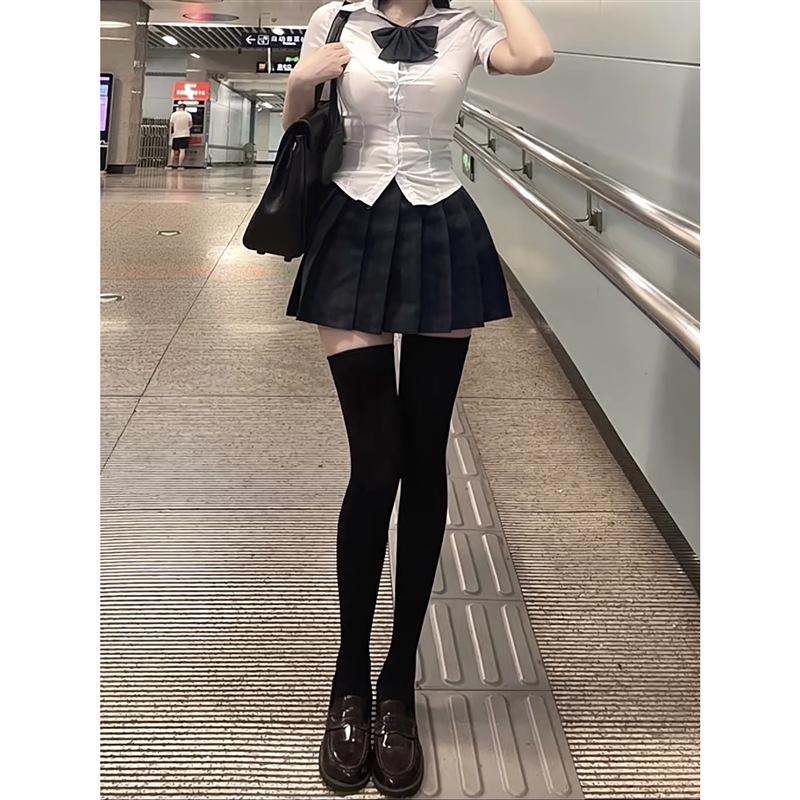 Stylish JK Uniform: Women's Slim Fit Short Sleeve Top & Black Pleated Skirt Set