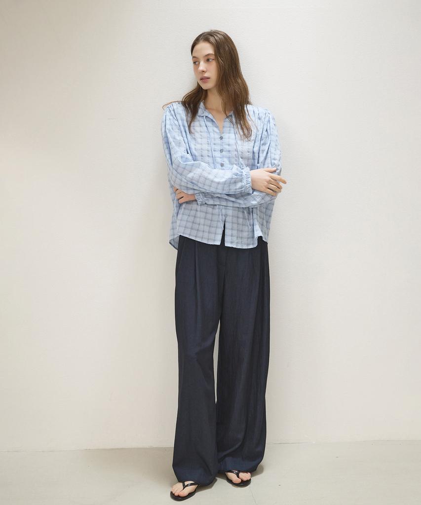 Oteumilkape Check Frill Tie Blouse - Sky Blue
