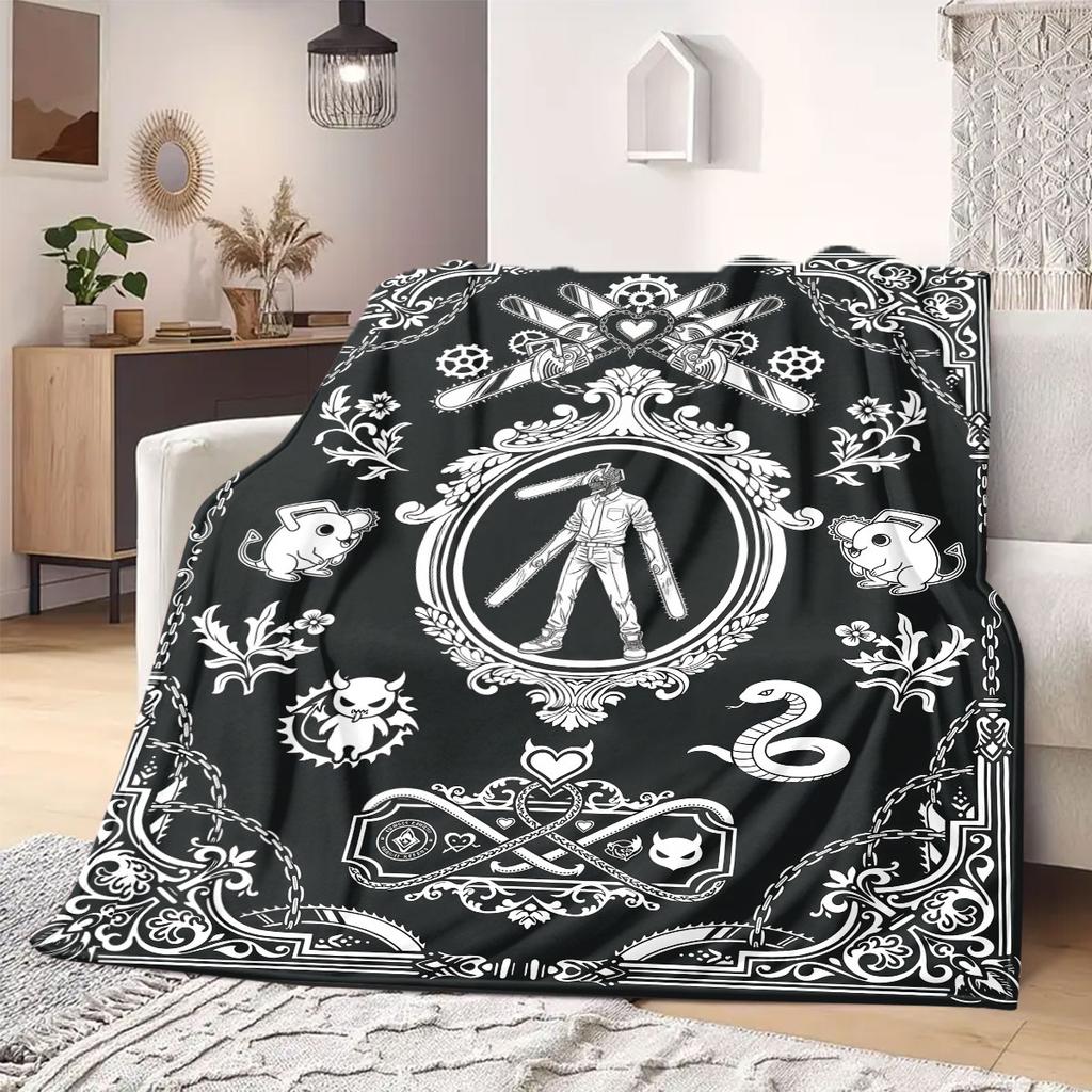 Chainsaw Man Modern Print Flannel Blanket, Cartoon Theme for Living Room, Warm Bedding, Portable Travel Nap Blanket_LIAN