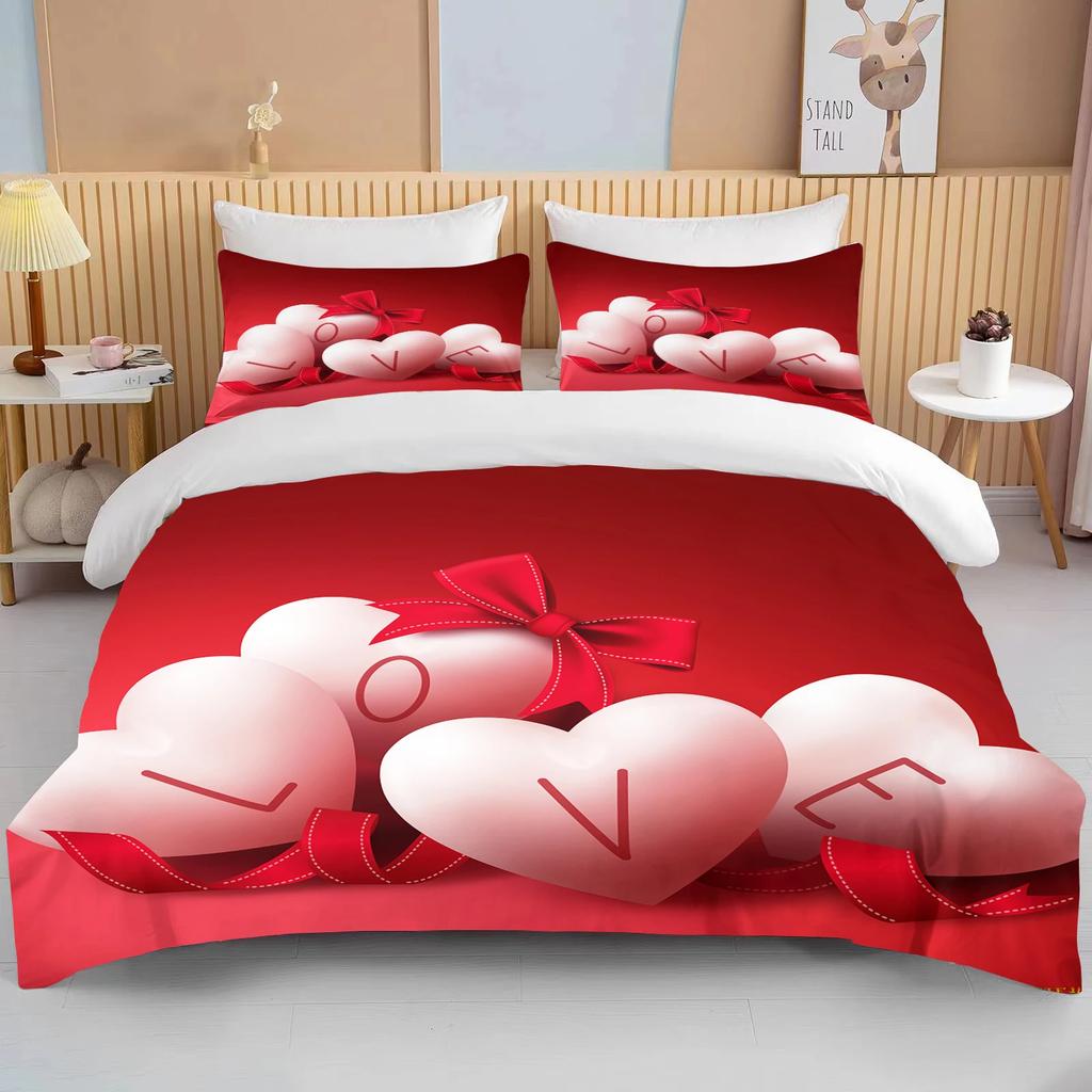 Comforter Love Heart Valentine'S Day Red Pink Rose Flower 3D Bedding Set Comforter For Couple Twin Queen King