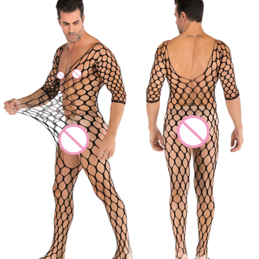 Plus Size Men's Black Sexy Lingerie Fishnet Body Stockings Male Underwear Exotic Lingerie for Man Open Crotch Transparent Tights Comfortable Stretchy