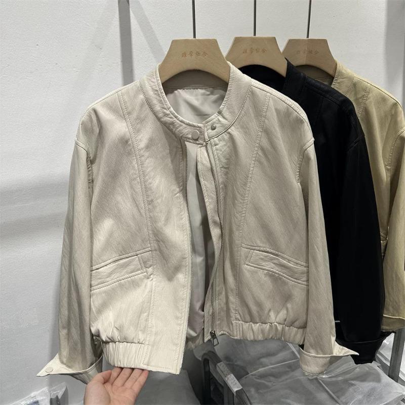 Leather jacket women's spring clothing new stand-up collar loose casual and thin black locomotive washed leather jacket trendy