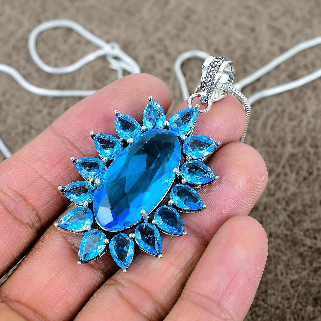 Blue Topaz Gemstone Handmade 925 Sterling Silver Jewelry Pendant 2.48" KKG-287