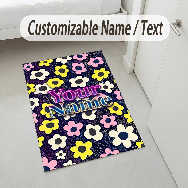 Floral Theme Soft Crystal Velvet Rug Custom Name & Text Print Non Slip Floor Rug for Bedroom Living Room