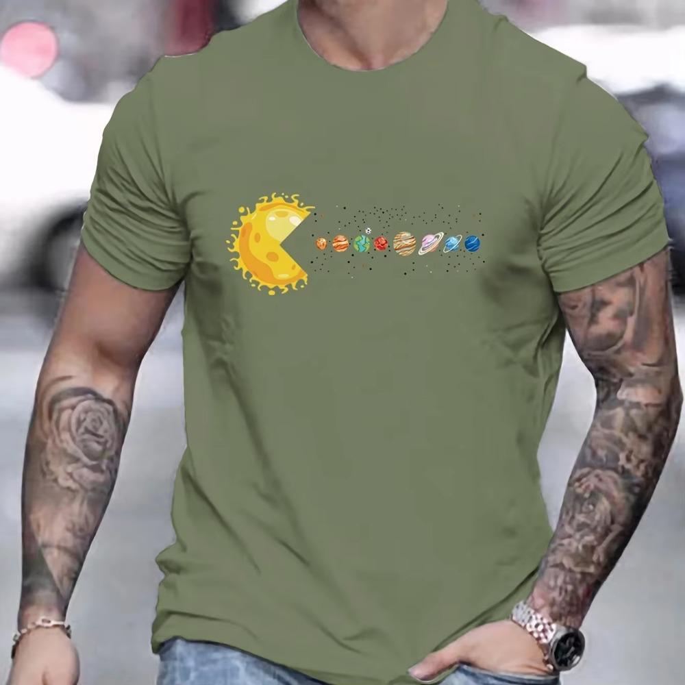 Men's 100% Pure Cotton Summer Loose and Comfortable Casual Solar System Planets Printed Round Neck Short Sleeved T-shirt Top