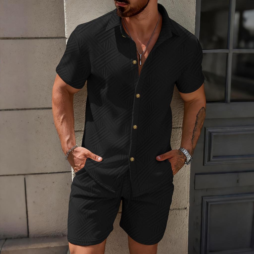 Men's Color Collared Cardigan Short-sleeve Shirt And Shorts Casual Set