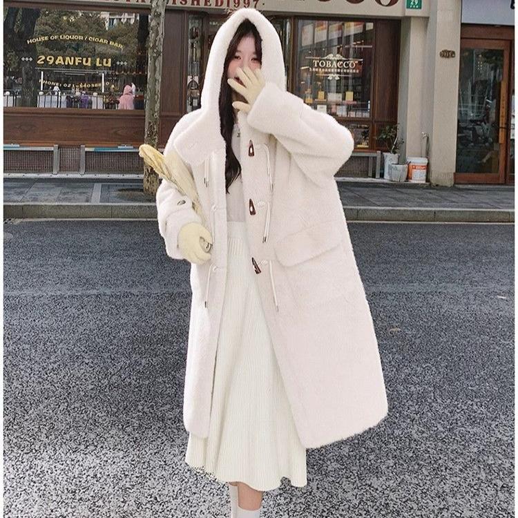 Zimní kabát z jehněčí kožešiny pro ženy s kapucí, dlouhá bunda z umělé kožešiny, teplé zahuštěné plyšové svrchní oblečení, roztomilý styl