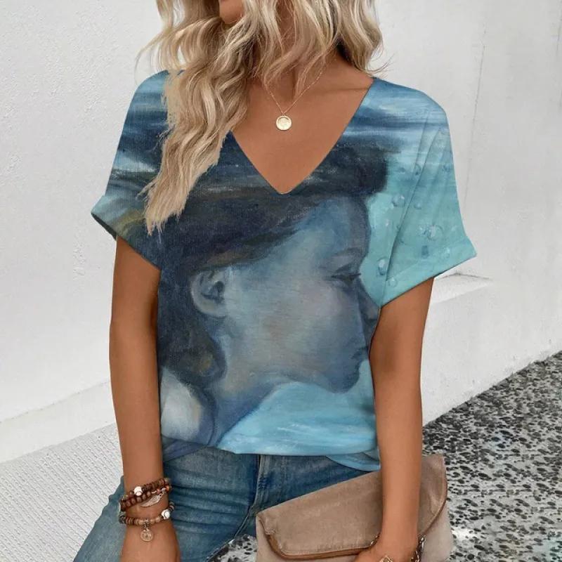 2024 Sommer Freizeit Bequemes T-Shirt Damen Elegantes V-Ausschnitt T-Shirt Mode Herzförmiges Muster Druck Kurzarm T-Shirt