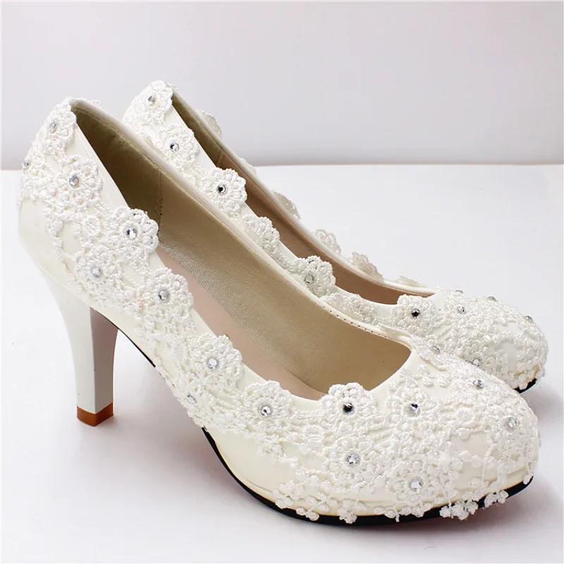 Damen Pumps PU Spitze 3 5 8 CM Dünne Absätze Modisch Weiß Hohe Absätze Braut Flach Hochzeitsschuhe Flaches Obermaterial Damenschuh