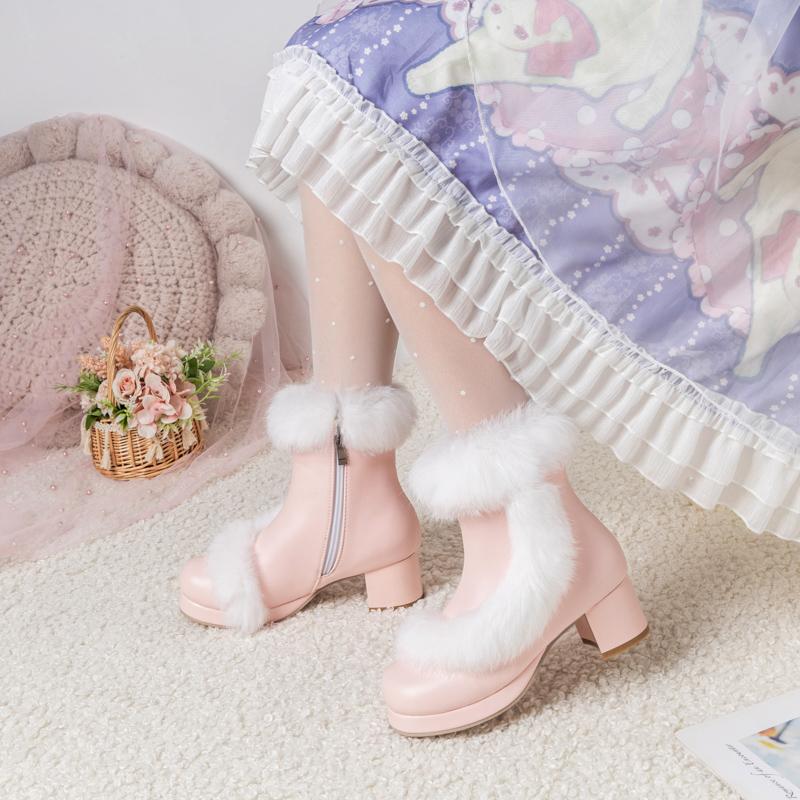 Lolita Cosplay Costom Ankle Boots Girls with Rabbit Fur Black Pink White Women 2024 Uniform Leather High Heels Sweet Shoes