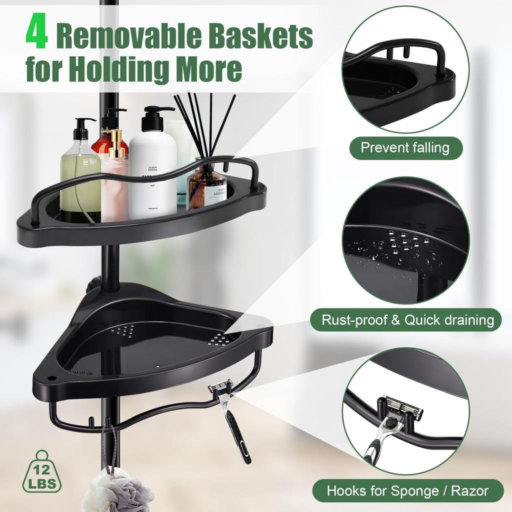 Bathroom Adjustable Tension Pole Corner Shower Caddy with ABS Rustproof Stainless Steel No Drill Shower Large Shower Storage Shelf for Rack, 140-310cm