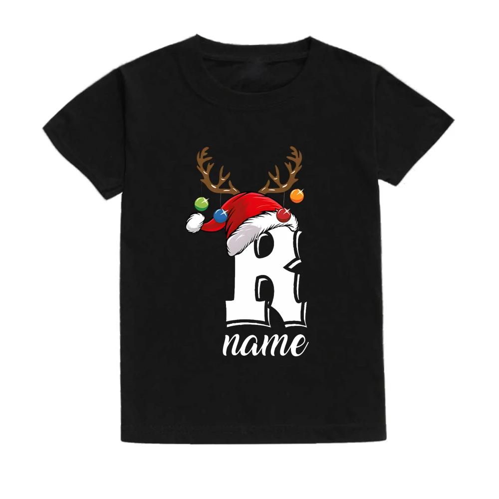 Christmas Kids T Shirt Initial with Name Child Clothes Tops Boy Girl Xmas Party Outfits Children Holiday T-shirt