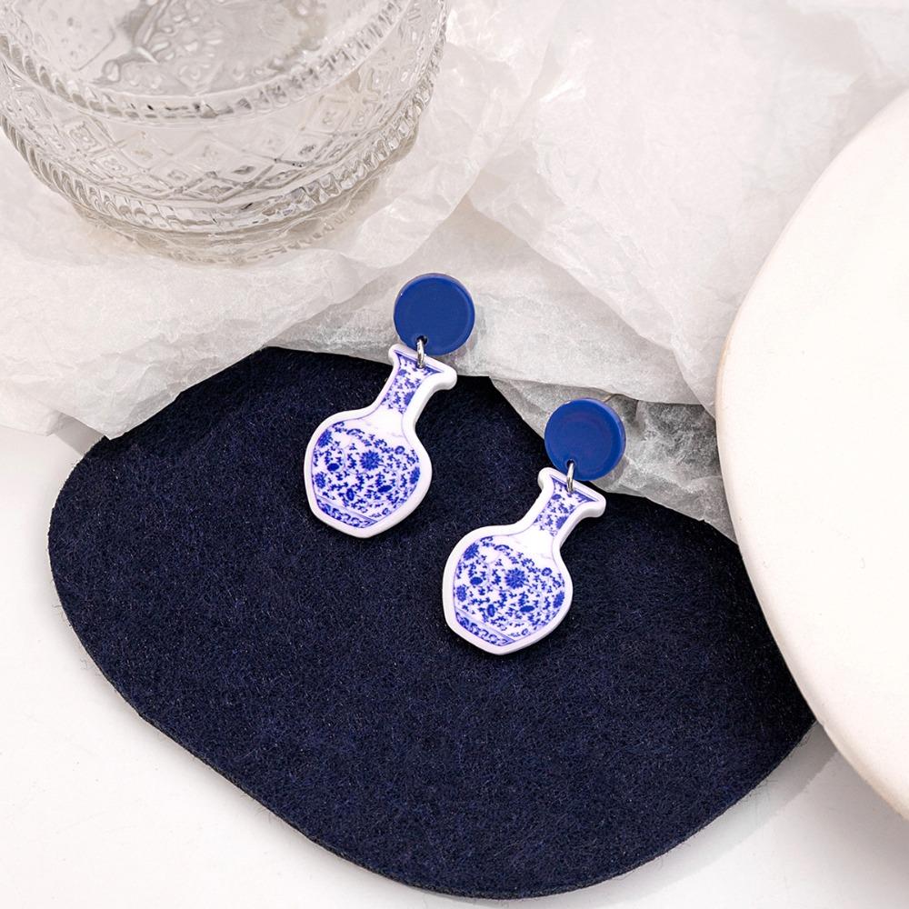 Chinese Style Blue and White Porcelain Earrings Wave Point Elegant Geometric Earrings  Lady/Gifts