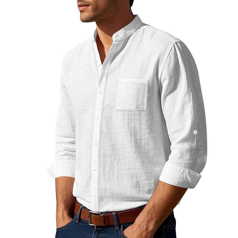 Spring Autumn Fashion Stand Collar Shirt For Men Vintage Solid Color Breathable Linen Tops Mens Clothes Casual Long Sleeve Shirt