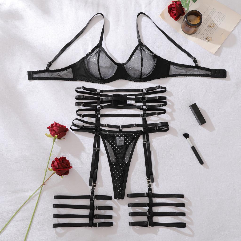 Exclusive Sexy Lingerie Sets featuring Garter Belts Rhinestone Bra Thong Belt 3Pc featuring Leg Circles See Through Bandage Erotic Costume