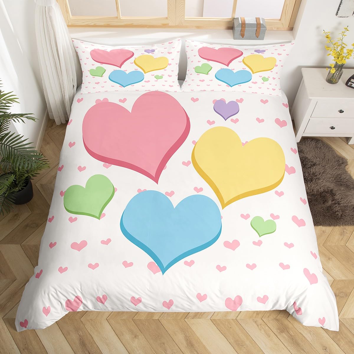 

Love Heart Soft Duvet Cover Kawai Heart Patern Beding Set Romantic Geometric Comfortable Quilt Cover Quen For Couple Weding Valentine s Day 135*200cm Eu-Single