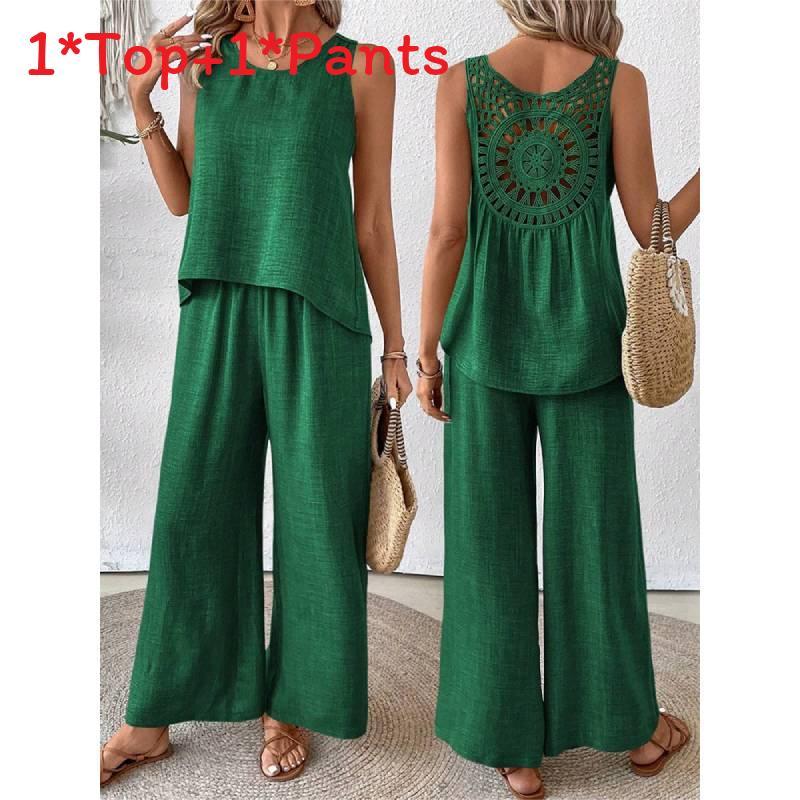 Bohemian Style Sleeveless Top And Wide Leg Pants Set With Polyester Fabric For Casual Summer Wear
