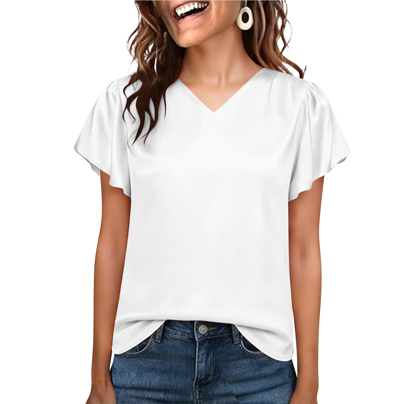 

Women s Fashionable Color V Neck Pleated Loose Ruffle Edge Short Sleeved Shirt Top XL білий