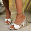 2026 New Open Toe Square Toe Rhinestone Strap Silk White Slippers Women's Outside Wear Stiletto Heels