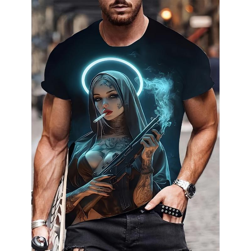 Pánské tričko s 3D grafikou Smoking Nun Černé Ležérní Letní Tričko Krátký Rukáv Polyester Streetwear Trička Vintage Oblečení