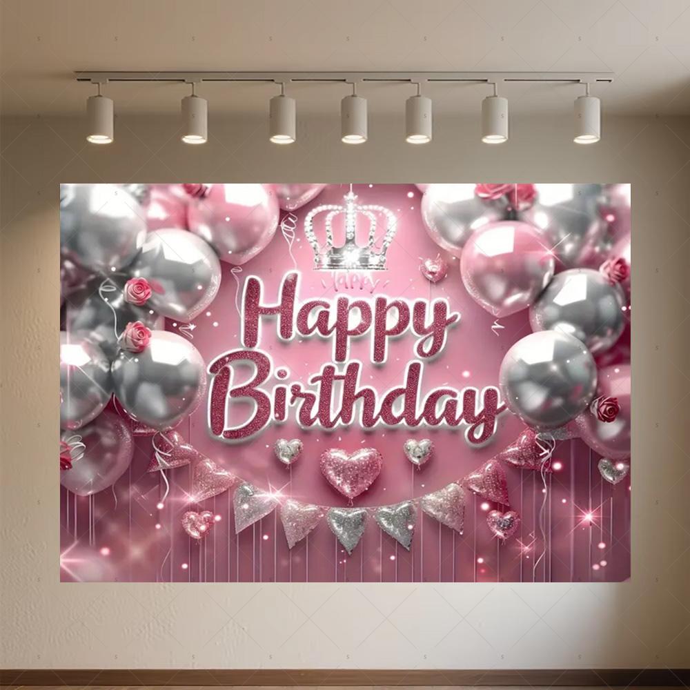 Crown Pink Balloons Background Banner Girls Birthday Party Decorations Flower Photography Backdrop Supplies Photo Shoot Props