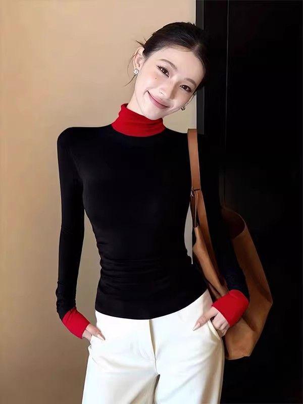 Women's Korean-Style Contrast Color High Neck Long Sleeve Slim Fit Top for Autumn/Winter
