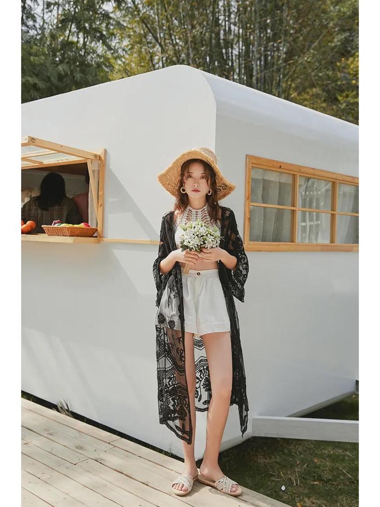 Women's Plus Size Black Lace Hollow-Out Mid-Length Summer Cardigan