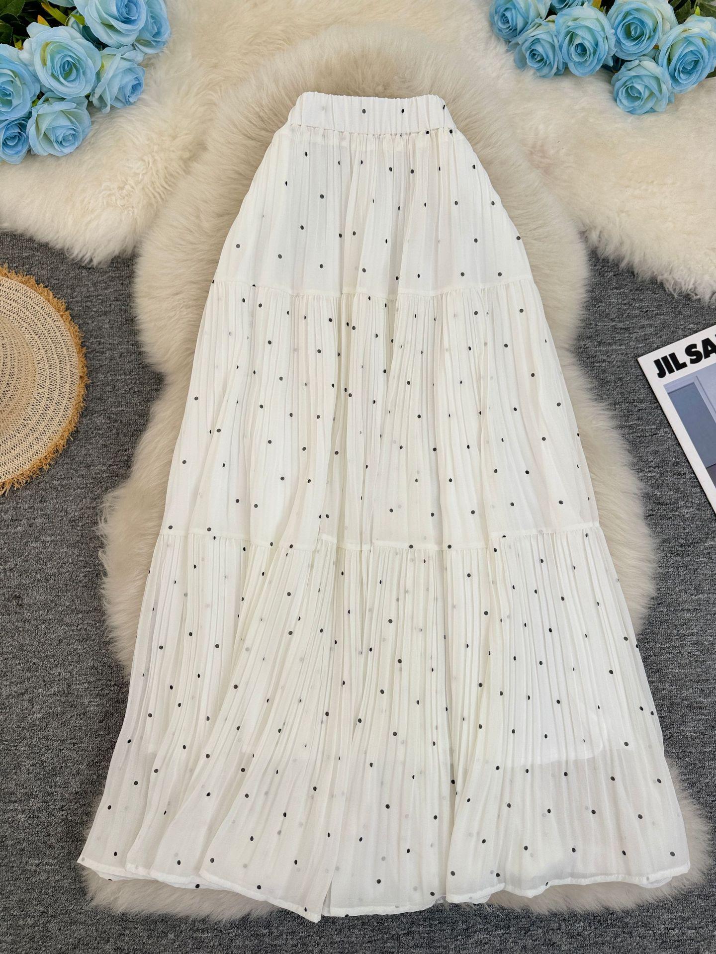 

Европейская и американская плиссированная юбка-миди А-силуэта из шифона в горошек - С высокой талией, в стиле для офиса. One Size