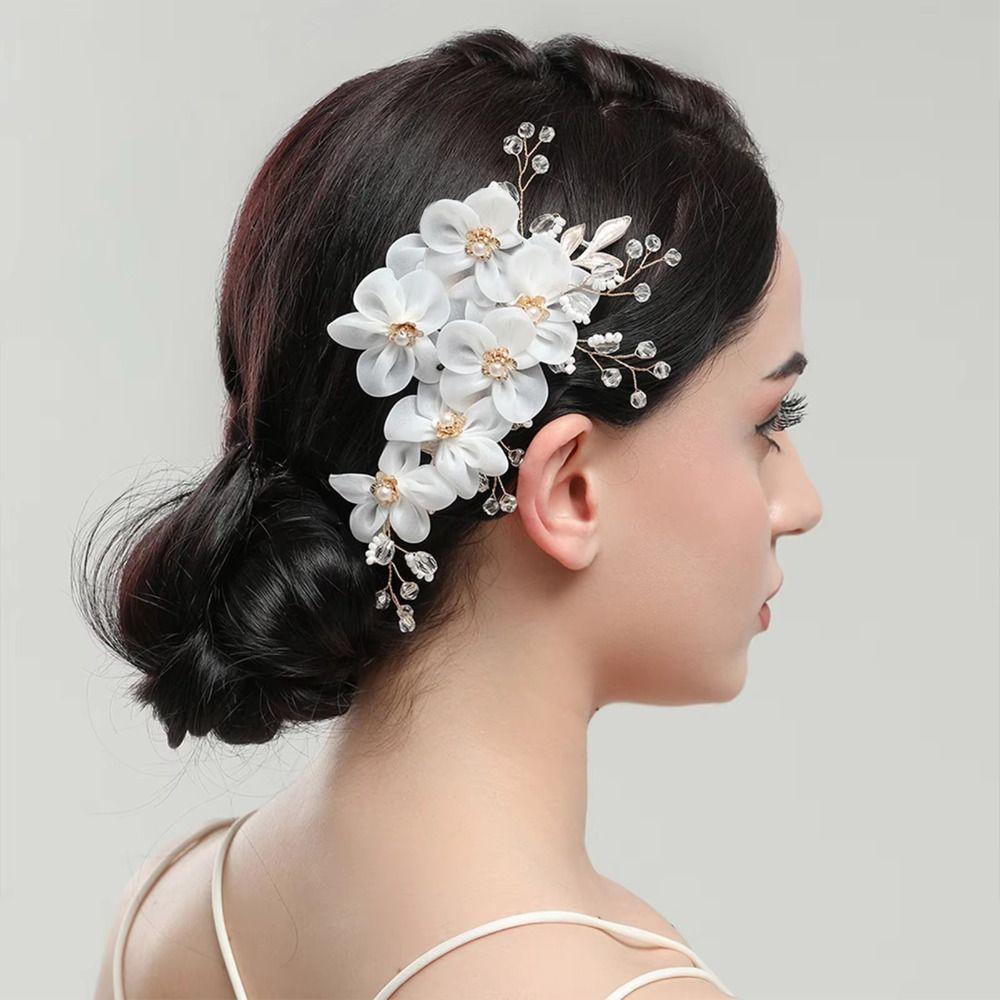 White Silk Flower Women Hair Pins Pearl Crystal Bride Tiara  Hair Accessories Jewelry