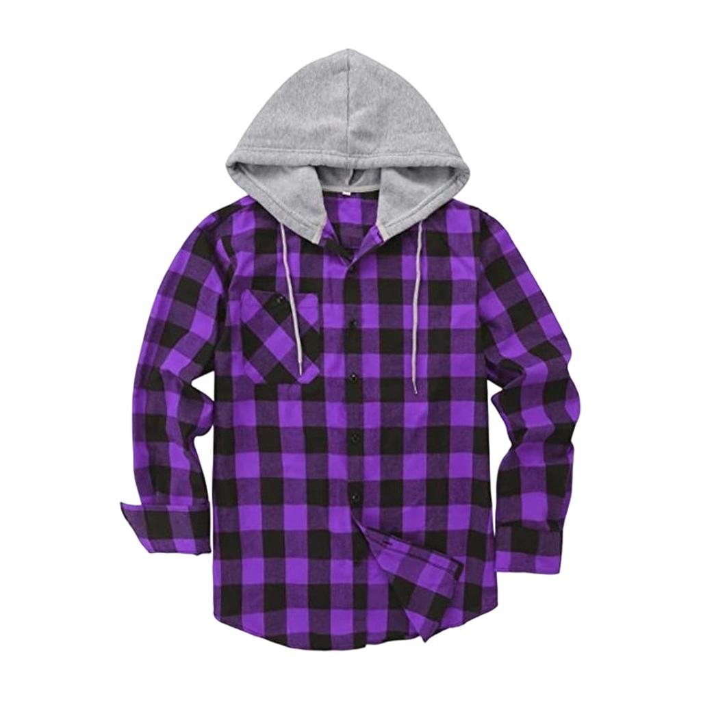 Men's Flannel Plaid Button-Up Hooded Shirt Jacket for Casual Wear
