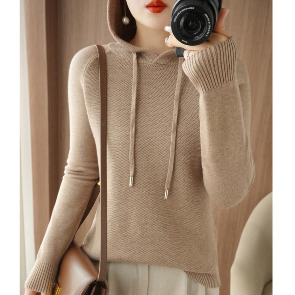 Women's Hooded Long Sleeve Loose Fit Knit Sweatshirt Solid Color Casual Pullover Winter Top