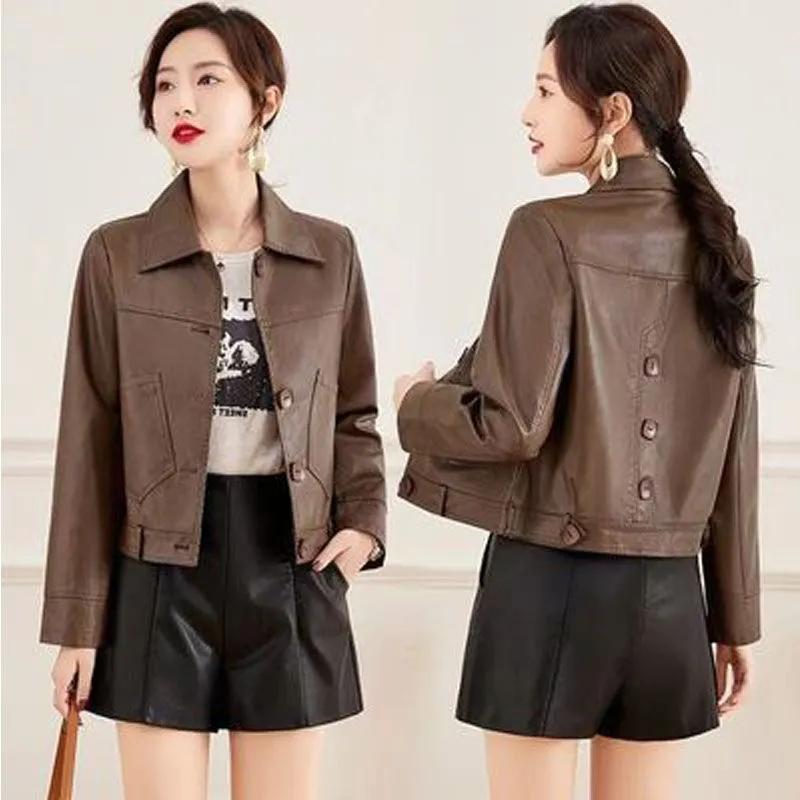 Women's Casual Loose Fit PU Leather Jacket with Button Closure and Pockets