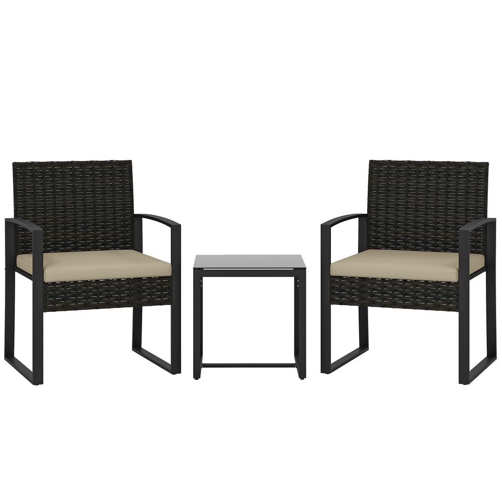 Rattan Bistro Set, 3 Piece Garden Furniture Set with Glass Top Table and Cushions, Khaki